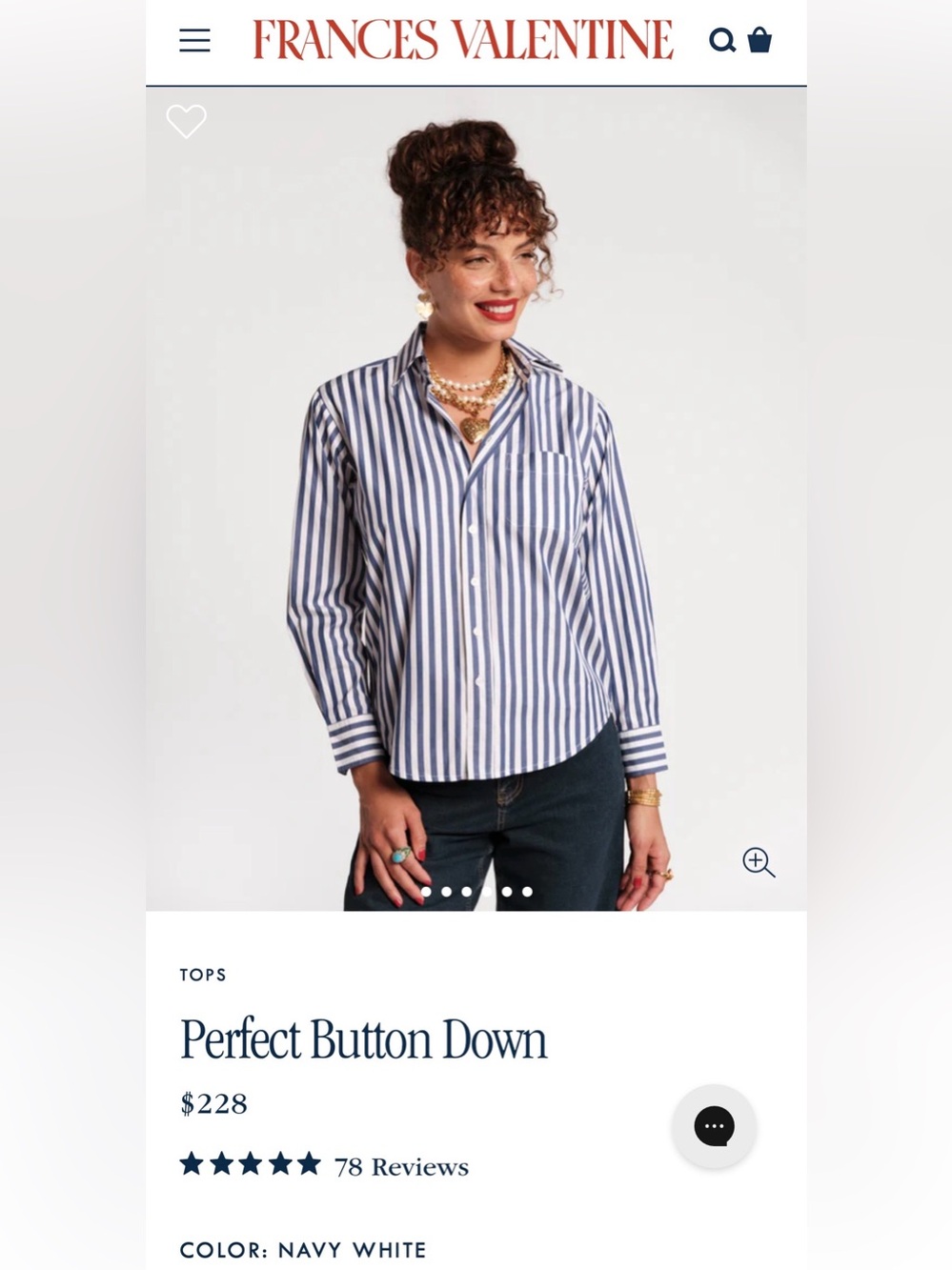 Frances Valentine Perfect Button Down Shirt Navy White Stripe 1X 100% Cotton